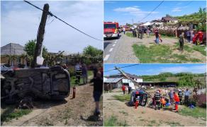 Accident de groază cu 5 răniți, printre care un copil de 8 ani, în Suceava. Mașina în care se aflau a derapat, s-a răsturnat şi a rupt un stâlp din beton