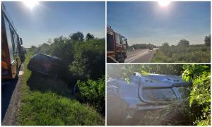 Impact năucitor pe A1 Bucureşti-Piteşti. O maşină s-a răsturnat pe marginea drumului, trei persoane au ajuns la spital