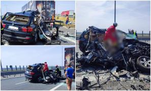 Accident teribil pe A1, lângă Arad. Un BMW s-a făcut bucăți după ce s-a ciocnit cu o autoutilitară