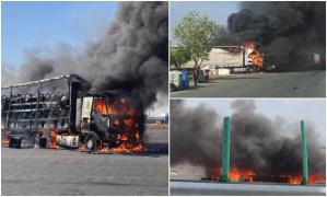 TIR în flăcări pe autostradă, în Vama Nădlac. Camionul a luat foc în parcarea punctului de trecere a frontierei