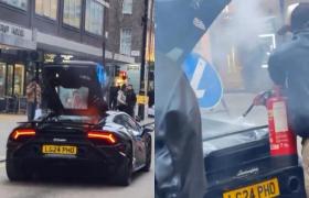 Momentul în care un Lamborghini Huracan Tecnica nou-nouț ia foc pe o stradă din Londra. Motorul bolidului de 355.000 € s-a făcut praf