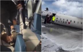 Un pasager din avionul prăbușit în Toronto s-a filmat cum e scos din aeronava răsturnată cu roțile în sus