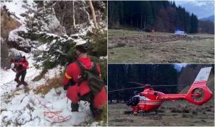 Ucrainean rănit grav la cap, salvat din Munţii Maramureşului. Momentul în care o doctoriță coboară pe troliu din elicopter ca să-l preia pe tânăr