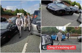 Momentul în care niște nuntași blochează o șosea cu bolizii de lux și pornesc un scandal monstru