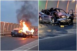 Șofer băut, la un pas de moarte. A lovit separatoarele de pe un pod din Constanța, iar mașina a luat foc