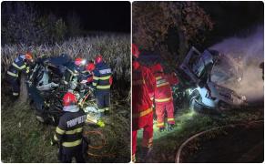 Doi morţi şi un rănit, după impactul dintre o maşină şi o autoutilitară, pe E85. Cea din urmă a luat foc