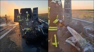 Incendiu pe A1, lângă Pecica. O dubă încărcată cu mobilier s-a făcut scrum