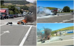 Un motociclist din Cluj a murit, după ce a luat foc în urma unui accident. Un TIR l-a izbit în plin