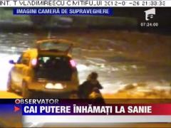 Un grup de tineri din Slatina s-au lasat trasi cu saniile de masini