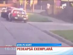 Pedeapsa pentru ca a depasit neregulamentar un autobuz cu elevi! Sa poarte o pancarta inscriptionata cu mesajul: "Doar un idiot sofeaza pe trotuar pentru a ocoli un autobuz scolar"