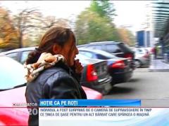 Un individ in scaun cu rotile ii tine de sase unui alt barbat in timp ce sparge o masina