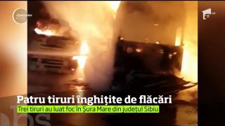 Patru TIR-uri au luat foc într-o parcare dintr-o comună din Sibiu