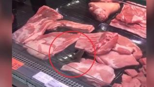 Un şoarece a fost filmat în timp ce se plimba printre bucăţile de carne din vitrina unui supermarket