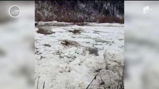 Momente de panică în comuna Poiana Teiului. Sloiurile de gheaţă blocate pe cursul apei s-au ridicat într-un val de cinci metri înălţime
