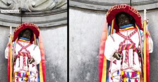 Statuia-simbol a oraşului Bruxelles a îmbrăcat costum de căluşar, de Ziua Costumului Popular Românesc.