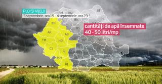 Vremea s-a schimbat radical în vestul ţării. Un ciclon a adus în România ploi torenţiale şi vijelii