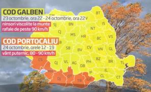 Meteorologii au emis cod galben de precipitaţii şi vânt, valabil pentru toată ţara