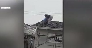 Muncitori din Timișoara, care abia se țin pe picioare, filmați în timp ce încearcă să coboare de pe un acoperiș