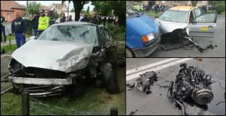 Un Audi a intrat cu 140 de km/oră într-un taxi, apoi s-a înfipt în bloc. Impact devastator în Satu Mare (Video)