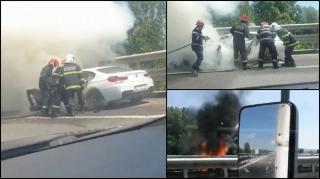 Un BMW Seria 6 s-a făcut scrum pe autostrada Bucureşti - Piteşti. Bolidul a luat foc în mers (Video)