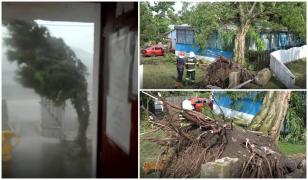 Oameni îngroziţi de furtună la Dângeni, în Botoşani, vântul a luat acoperişuri şi a dărâmat copaci pe case (video)