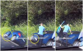 Lipsă de reacţie după un accident rutier. Şoferul cu piciorul prins la portieră arătat cu degetul, dar nimeni nu opreşte (Video)