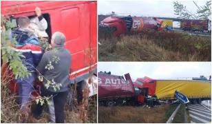 Un şofer de TIR iese din cabină pe geam, îngrozit, după ce l-a lovit un alt camion, pe A1, la Cireşu (video)