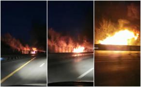 O maşină de Poliţie arde cu flăcări uriaşe pe autostrada A2, lângă Brăneşti (Video)