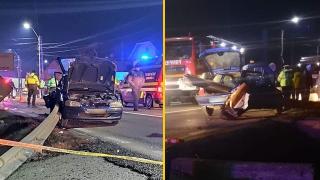 Un șofer urmărit de poliție a zburat într-o curbă și s-a înfipt într-un parapet, în Maramureș (Video)