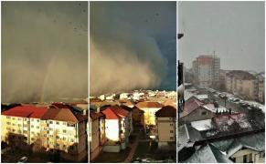 Momentul în care furtuna Ciara loveşte puternic Suceava. Curcubeu la sosirea norului uriaş de zăpadă (Video)