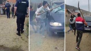 Bătaie cu bâte și lopeți sub ochii poliției, în Brașov. Mașină devastată, un tânăr spulberat (Video)