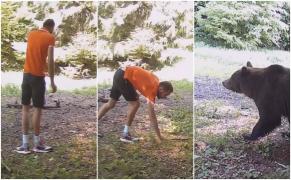 Turist filmat în pădure când mănâncă din hrana urșilor (Video)