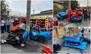 S-a încolăcit cu Passat-ul pe stâlp, în Cluj-Napoca. Trei oameni au ajuns la spital după un impact teribil (Video)