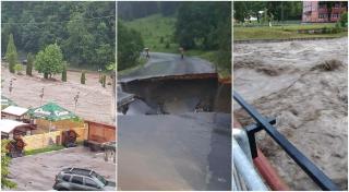Prăpăd în Hunedoara, un pod s-a prăbușit din cauza viiturii, în Lupeni nu se mai poate intra din cauza apelor (Video)