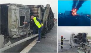 Imagini cu TIR-ul făcut scrum pe autostrada Arad-Nădlac. Șoferul s-a salvat în ultimul moment (Video)