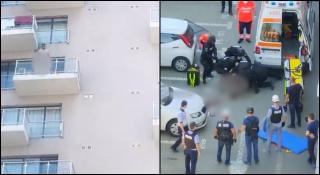 Un bărbat dezbrăcat, care a sărit pe balcon de la etajul 5, imobilizat cu greu de mascați în București