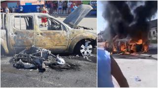 Un biker a murit nevinovat în Arad, motocicleta și SUV-ul de care s-a izbit au ars complet după impact (Video)