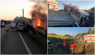 Imagini cu camioneta în care a ars un om, în flăcări, în Satu Mare. A intrat într-o ambulanță cu pacienți (video)