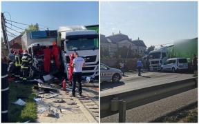 Imagini dramatice cu accidentul între două TIR-uri și un autoturism, în poarta Castelului Bánffy din Răscruci