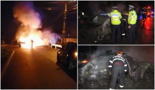 Doi polițiști și un jandarm blocați în mașina în flăcări, lovită de o șoferiță de 18 ani, la Câmpulung Muscel (video)