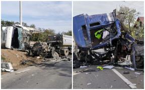 Imagini de la accidentul din Ruginoasa. Bucăți din cele două autocamioane s-au împrăștiat pe șosea (Video)