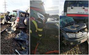 SUV spulberat de o locomotivă la Bacău, șoferul a murit, doi copii preluați de ambulanțe. VIDEO