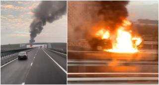 Panică pe autostrada A3, o mașină a ars ca o torță în zona Iernut. VIDEO