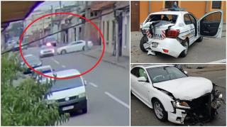 Momentul în care un Audi spulberă o mașină de poliție aflată în misiune, la Drobeta Turnu-Severin