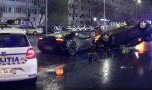 Accidente de jumătate de milion de euro, în Capitală. Un Lamborghini Huracan a răsturnat un Logan în impact