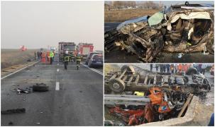 Accident groaznic la Călugăreni. Sunt 10 victime, după ce un autocamion al CNAIR a spulberat un BMW, apoi s-a răsturnat