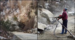 Detonare spectaculoasă în Buzău. ISU a aruncat în aer mai multe stânci ce blocau circulația DN 10