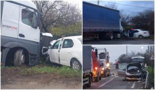 Imagini de coşmar pe un drum din Vrancea, după ce un TIR a intrat pe contrasens. Două copile au ajuns la spital