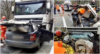 Imagini de coșmar pe Valea Oltului, doi morți după ce un Audi s-a înfipt într-un TIR pe contrasens, la Călimăneşti
