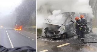 Un microbuz cu mai mulţi călători la bord a luat foc în mers, pe un drum din Iași